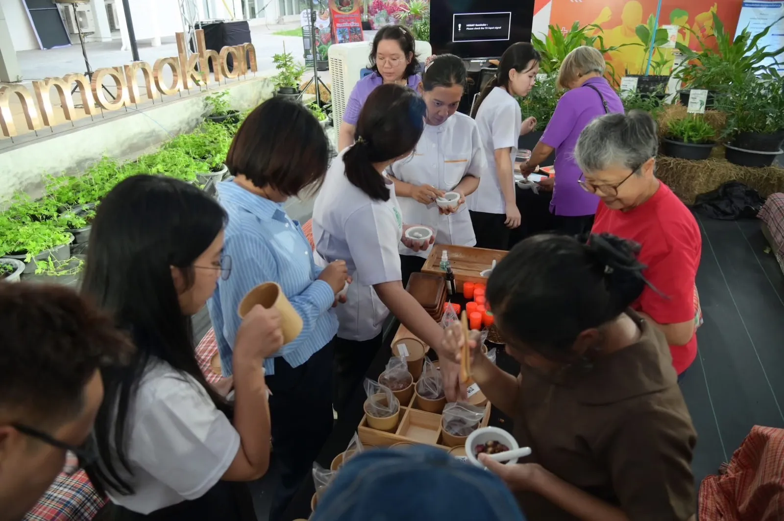 Visitors grinding their own herbs at a public workshop